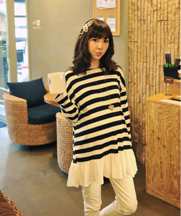 Free shipping 2012 maternity clothing maternity long design top laciness stripe lovely paragraph maternity dress 1207