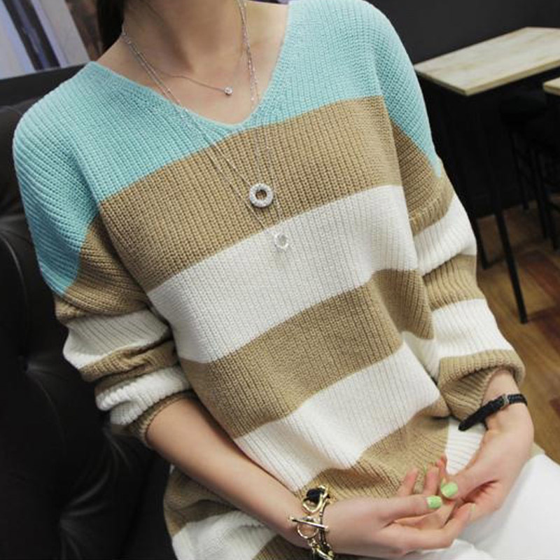 Free Shipping 2012 multicolour stripe V-neck pullover sweater medium-long sweater bat sweater(Sky Blue+Red)121101#7