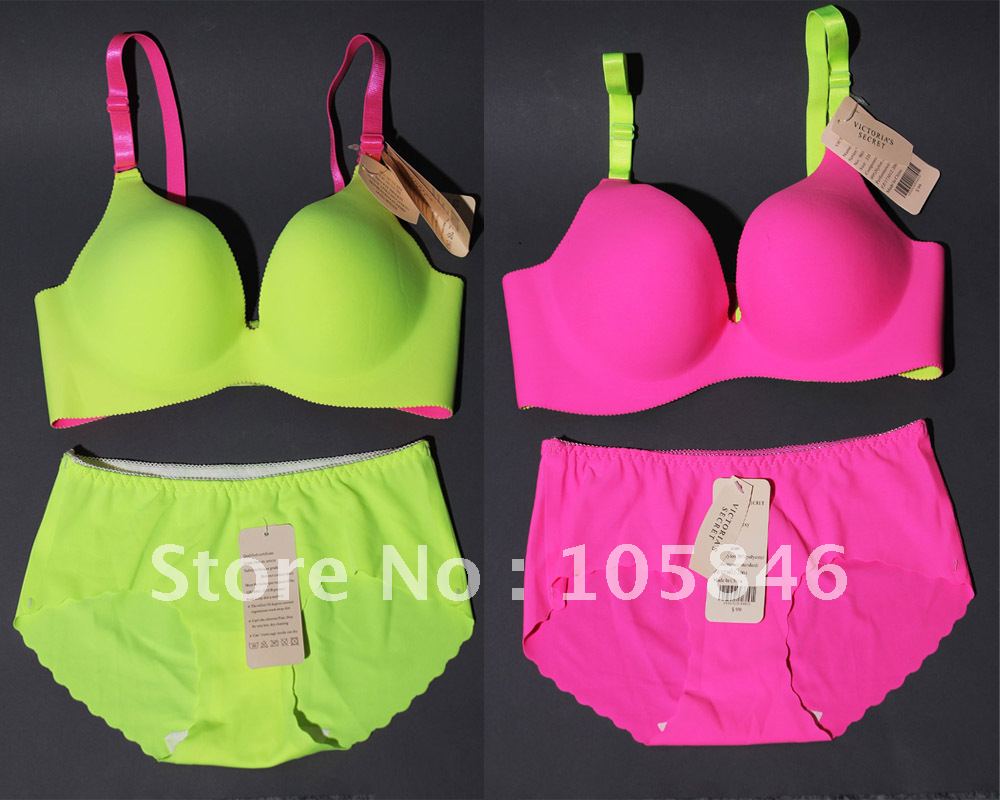 Free Shipping! 2012 Neon Women Sexy Underwear Brief Sets Solid Candy Color Seamless Push Up VC Bra Cap B 10 Colors M0062