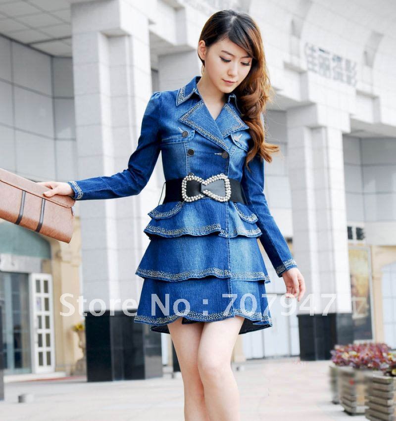 Free shipping 2012 New arrival autumn fashion knee-length dress slim long-sleeve vintage denim skirt gentlewomen plus size dress