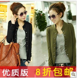 Free shipping 2012 new arrival autumn women's solid color stand collar epaulette double breasted long-sleeve short jacket
