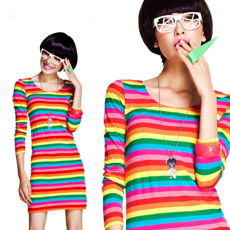 Free shipping- 2012 new arrival cottonT-shirt dress /clorful striped fashion Ladies' t-shirt  S~XL size-Hot!