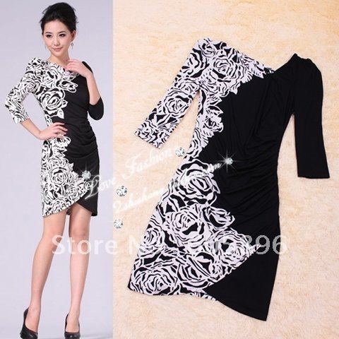 Free shipping-2012 new arrival!  Elegant women dresses black and white print  fashion apparel long/short sleeve S~XXXL-sale
