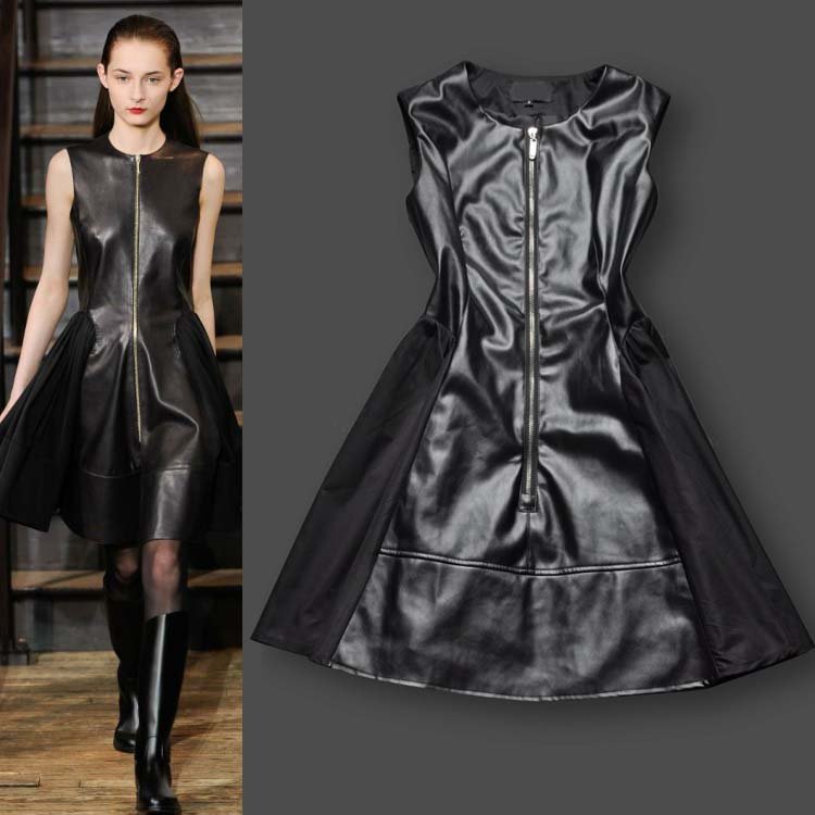 Free Shipping 2012 new arrival Europe fashion PU leather casual black/khaki slim dress a-line Front zipper dresses CH025DG