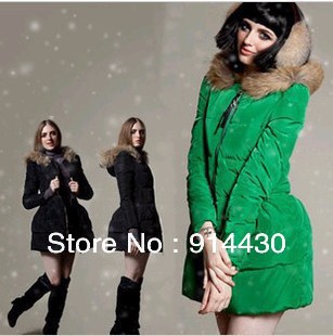 Free Shipping 2012 New Arrival Fashion Winter Ladies Hooded Down Parkas Fur Collar Outwear Coats For Women