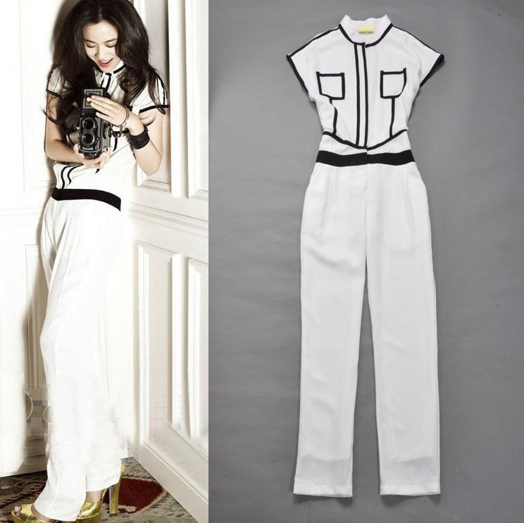 Free Shipping 2012 New Arrival High Fashion SS12240 White/Black Colorblocked Women Jumpsuits/Romper Celebrity Vintage Jumpsuit