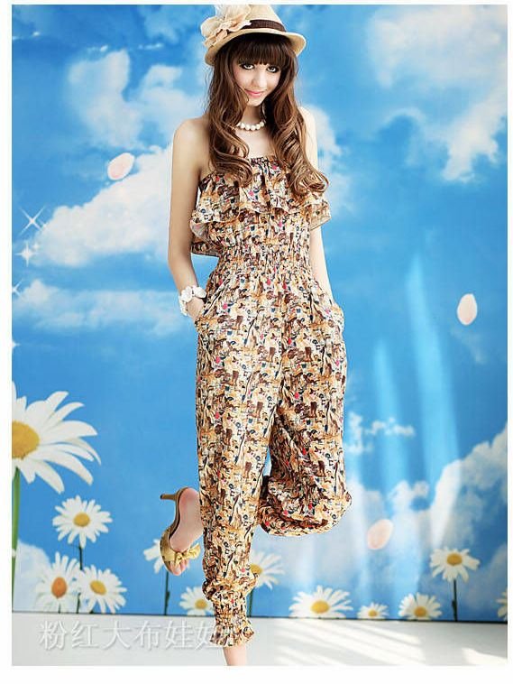 free shipping 2012 new arrival hot sale lady straight print flower jumpsuit S M