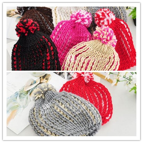 Free Shipping!2012 New Arrival Knitted Hats Women,Fashion Double color With Big Ball Winter Beanie Hats,Best Gifts For Christmas