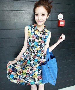 Free shipping 2012 New arrival Korean fresh small retro various pattern slim sleeveless dress