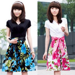 FREE SHIPPING 2012 New Arrival korean skirt,cross V neck ,foral printed women's dress,fast shipping,good quality