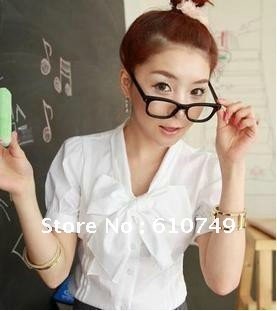 Free shipping 2012 New arrival Korean version Ladies white bow cute short-sleeved cotton shirt shirt