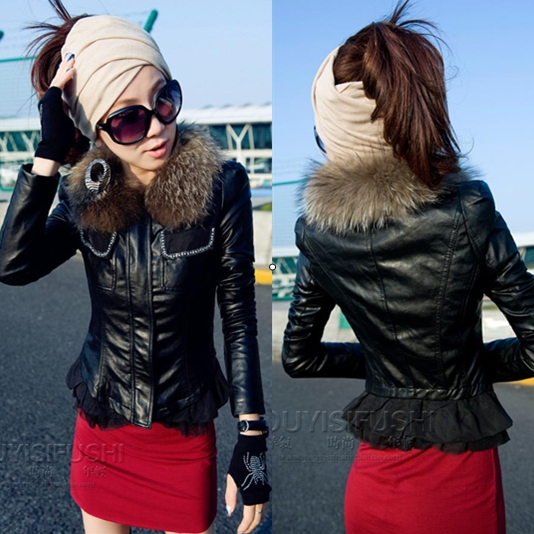 Free shipping 2012 new arrival ladies cool fur collar ruffle leather coat jackets black leather jacket women  AN616-B#3362