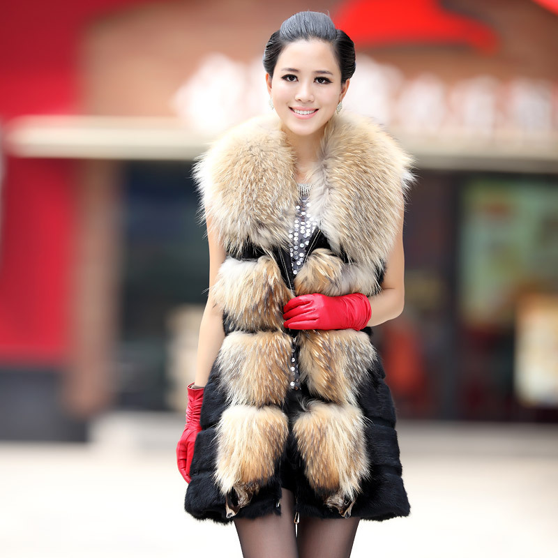 free shipping 2012 new arrival large raccoon fur coat medium-long fur vest female rabbit sweater vest