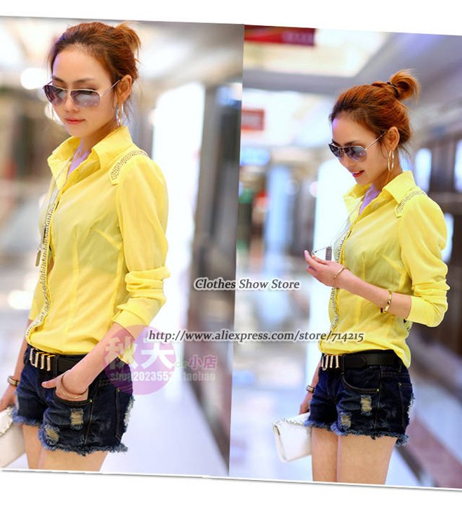 Free Shipping 2012 new arrival long Sleeve women bead unique design butterfly's ladies' blouses White Yellow M L XL