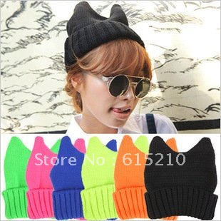 Free Shipping 2012 New Arrival Rabbit Cap Winter Warm Hat Women's Devil Horn Knitted Hat Cat Ears Knitted Caps 20pcs/lot
