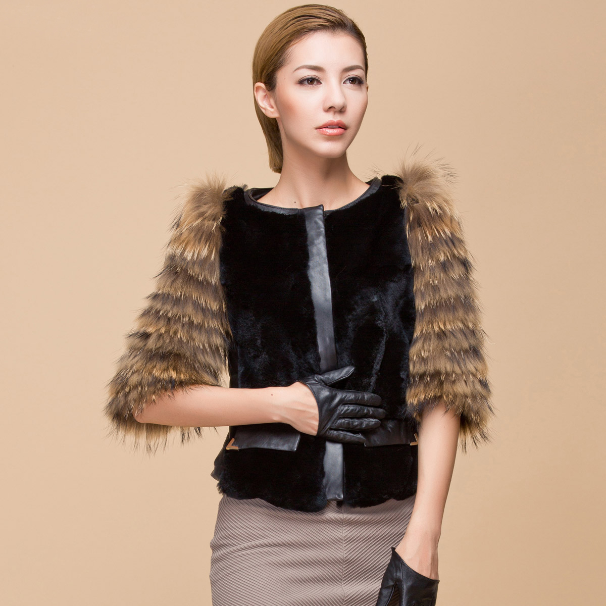 free shipping  2012 new arrival rex rabbit hair patchwork raccoon fur three quarter sleeve fur female outerwear qf09