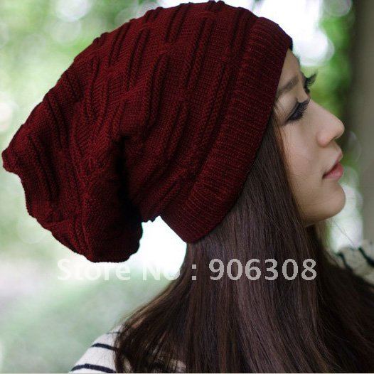 Free Shipping!2012 New Arrival Styles Knitted Beanie Hats For Women Winter Warm Wine Red Fashion Beanies Ladies Big Baggy Caps