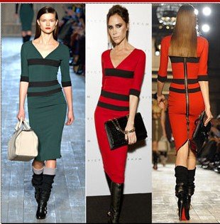 Free shipping 2012 new arrival Victoria Beckham  Women's CONTRASTCOLOR  zipper dress Celebrity pencil knit Dresses ED069