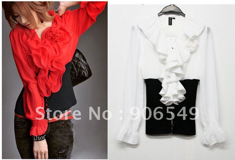 Free shipping 2012 new Arrival women chiffon OL shirts lady's slim long sleeve blouses tops red white black