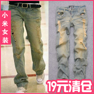 Free shipping 2012 new arrival women's straight mid waist denim trousers distrressed jeans