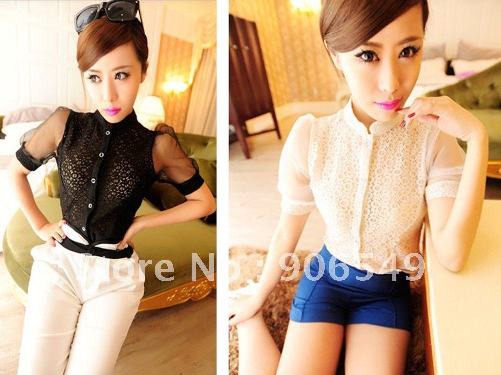 Free shipping 2012 new arrival women sexy short sleeve shirts lace blouses lady's lace net tops beige black