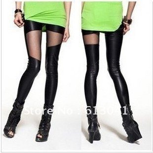 Free shipping!2012 new arrivals Women high quality Black Yarn+Leather Look Sexy Punk Skinny Leggings/Tights
