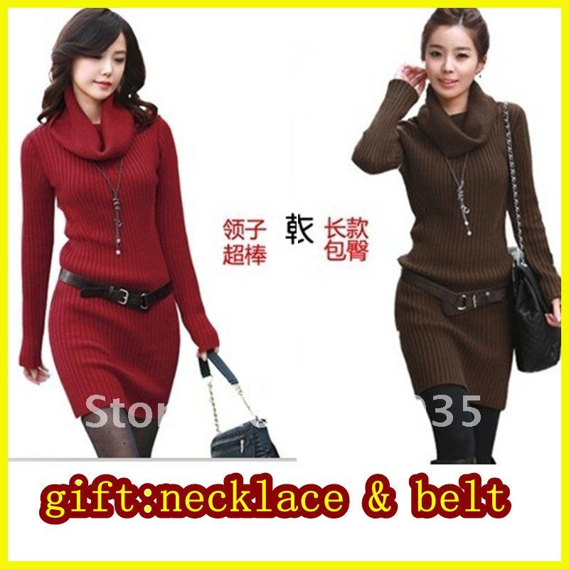 Free shipping.2012 New Arrived Turtleneck Neck Knit Woolen Sweater Dress & Pullovers T048 (Drop shipping) (gift:Necklace &Belt)