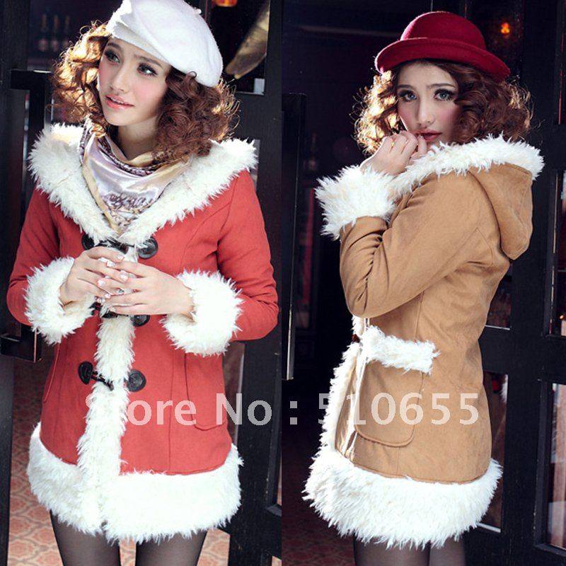 Free Shipping / 2012 New Arrived women's lambs wool ask coat / suede overcoat / Hooded long winter / Wholesale