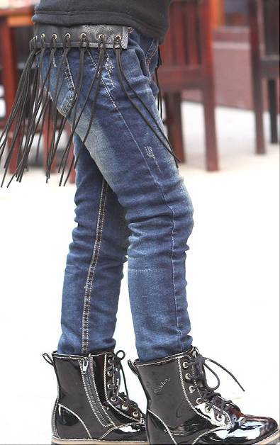 Free shipping 2012 new autumn and winter children's clothing , girls winter thickened fringed jeans , children's casual pants