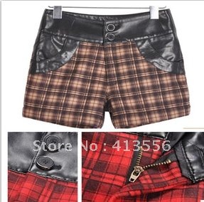 free   shipping   2012 new autumn and winter fashion all-match Plaid Wool PU splicing, boots pants shorts   b289 ow