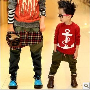 free shipping 2012 new autumn baby boy child children color gradient splicing thick double Haren pants