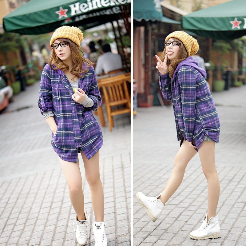 Free shipping 2012 new Autumn fashion personality preppy style casual zipper with a hood plaid shirt women 4017JLTX