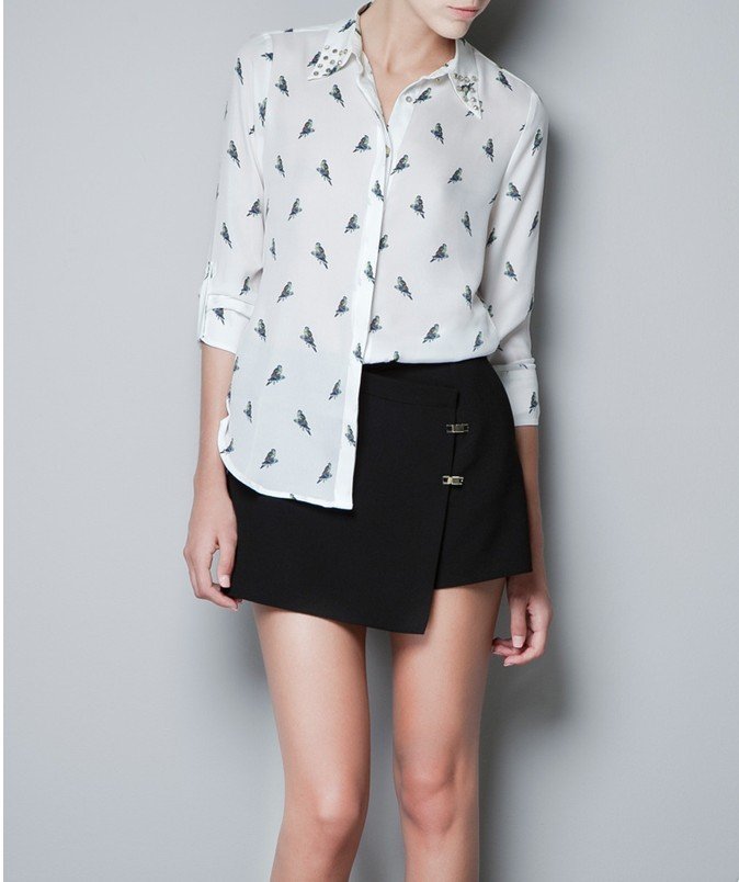 free shipping 2012 new Autumn  fashion womens' Chiffon simple casual blouse shirt Rivet collar bird parrot print long sleeve
