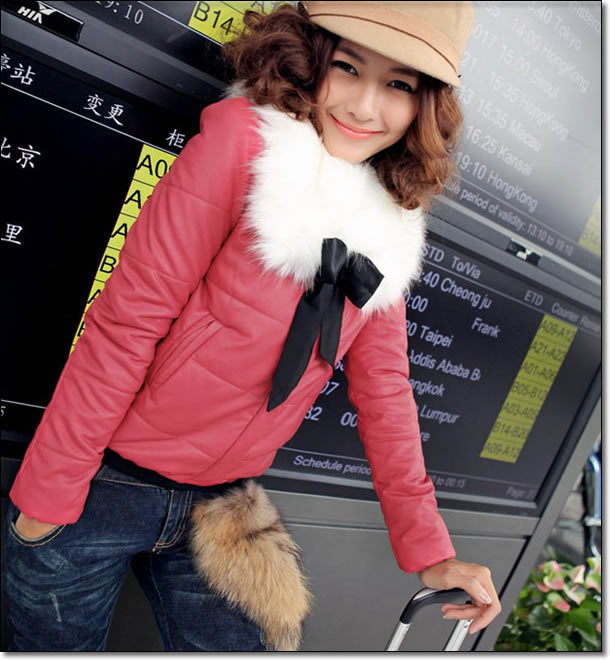 Free Shipping 2012 New Autumn&Winter Women Thicken Warm Coat Fur Collar Bowknot Cotton Coat 4 Colors