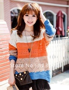 Free shipping 2012 New Autumn Women Knitted Pullover Female Rainbow Hollow Long-Sleeve Stripe Loose Sweater