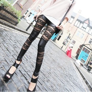 Free shipping 2012 new black leather patchwork lace flower fishnet sexy woman leggings,woman pants