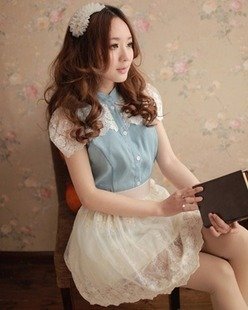 [Free shipping] 2012 new blouse,fashion cotton/ denim fabric short sleeve blouses,Wholesale/Retail