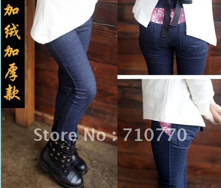 Free shipping 2012 new children's trousers paillette baby warm jeans for winter child pencil pants girls leggings