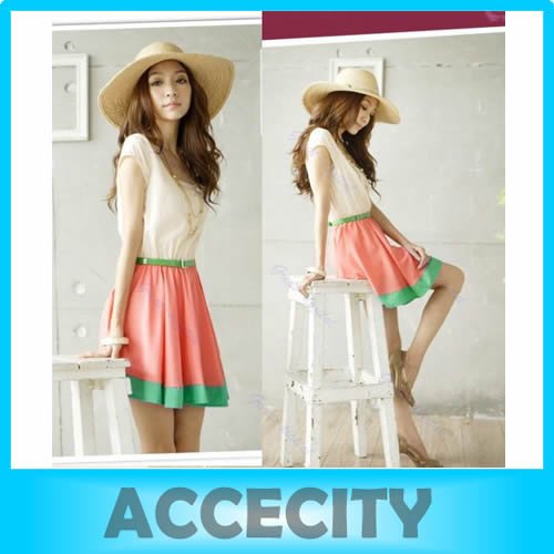 Free Shipping 2012 New Colorful Stripes Mini Dress Free Bowknot Belt Womens Dresses