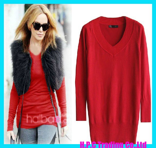 Free Shipping,2012 NEW Cotton Womens Sweater V-Neck Long sleeve Pullover Red Wholesale and retail