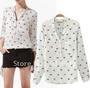 Free shipping 2012 New designer Europen and America  V Neck print  long-sleeved chiffon shirt