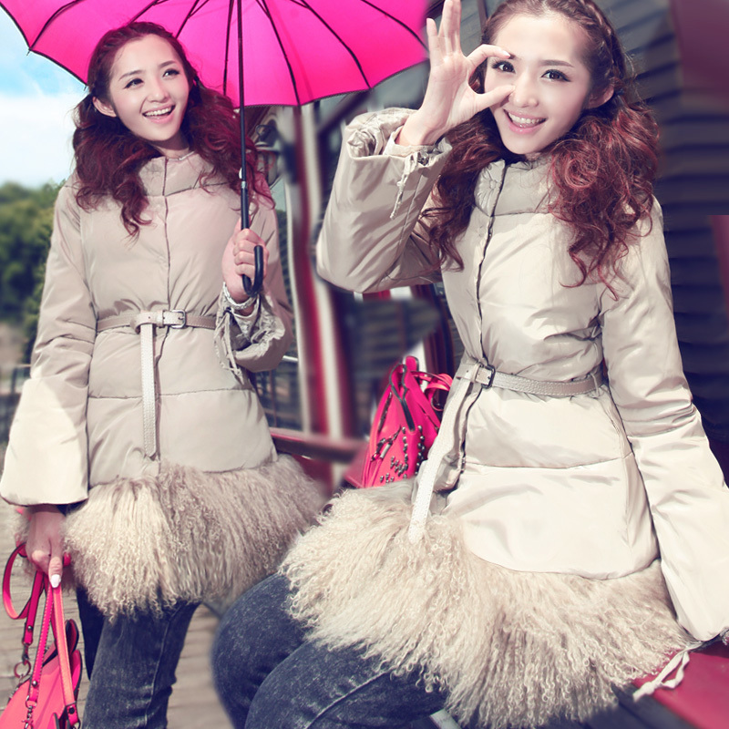 Free Shipping! 2012 New Down Jacket High-end Customization Hem of Tan Wool Fashion Thicken Ladies Down Jacket Coat,GRYR54