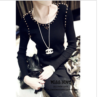 Free shipping 2012 new fashion autumn winter medium-long knitted rivet decoration slim pullover sweatshirt tees  black