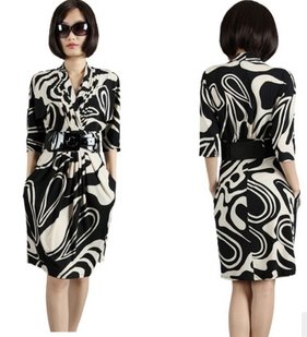 Free shipping! 2012 new fashion elegant black and white print V-neck vintage one-piece dress with belt,U6067