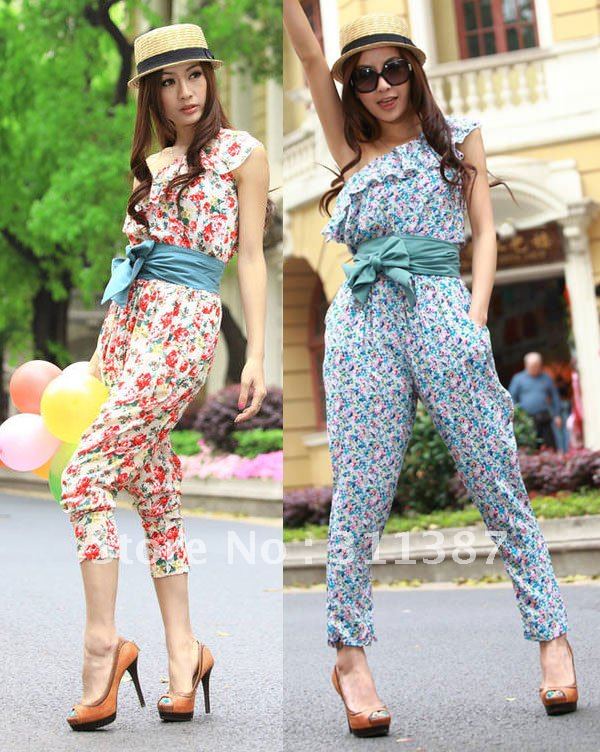 Free shipping,2012 New fashion Falbala inclined shoulder nine points Floral Jumpsuit/Rompers,Teddy women RS01028