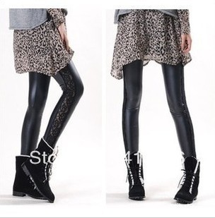 Free shipping 2012 new fashion faux leather side exquisite lace stitching pantyhose Leggings b354 ow