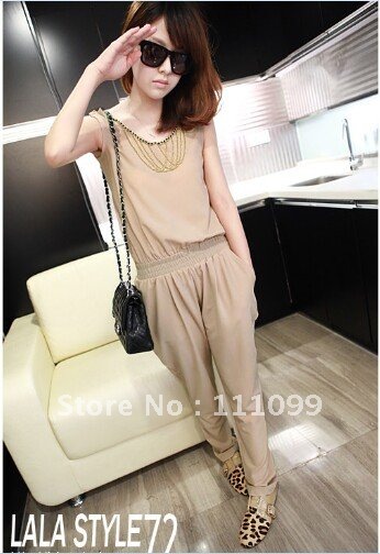 Free shipping,2012 New fashion handsome OL naked color haroun loose sleeveless chiffon Jumpsuit/Rompers,Wholesale&Retail 7357#