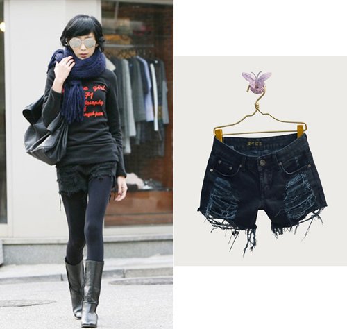 Free Shipping 2012 New Fashion Korean Women Jeans Shorts Hole Black Denim Shorts