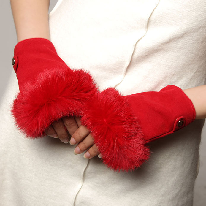 Free shipping  2012 new fashion rabbit fur women's semi-finger genuine leather sheepskin gloves el019nc