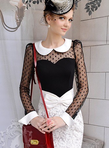 Free Shipping 2012 new Fashion Style Dot Gauze Splice Slim Long Sleeve Blouse Black (Wholesale&Retail&Dropship)